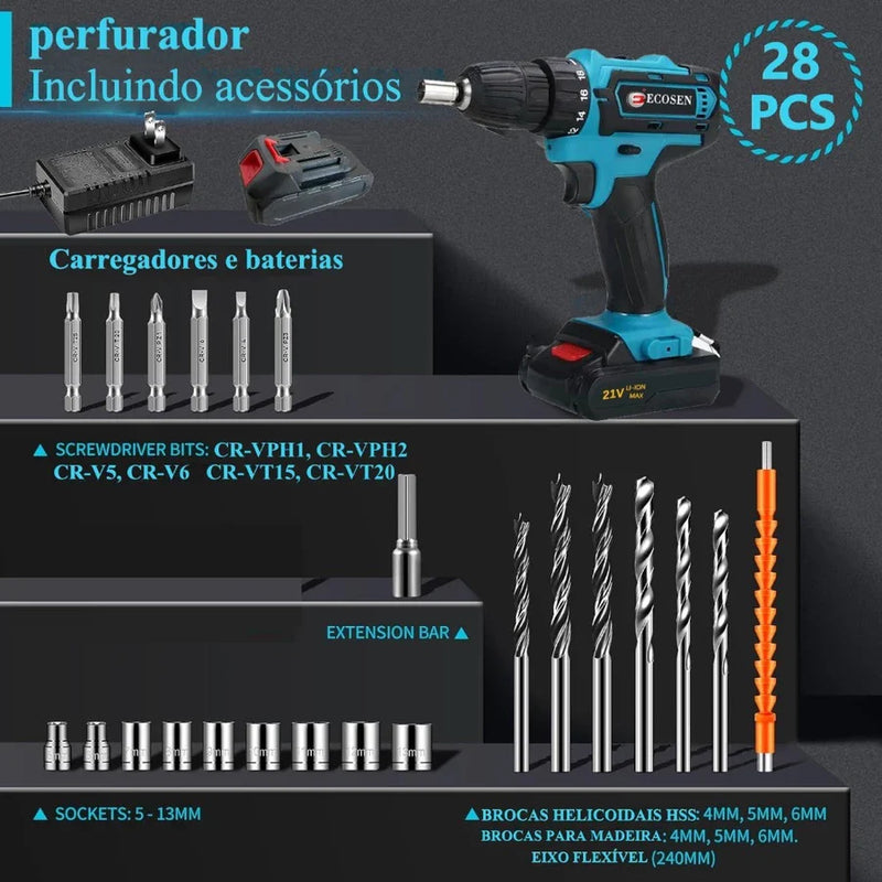 Kit Parafusadeira/Furadeira 28 Pcs + 2 Baterias Portáteis + Maleta De Brinde