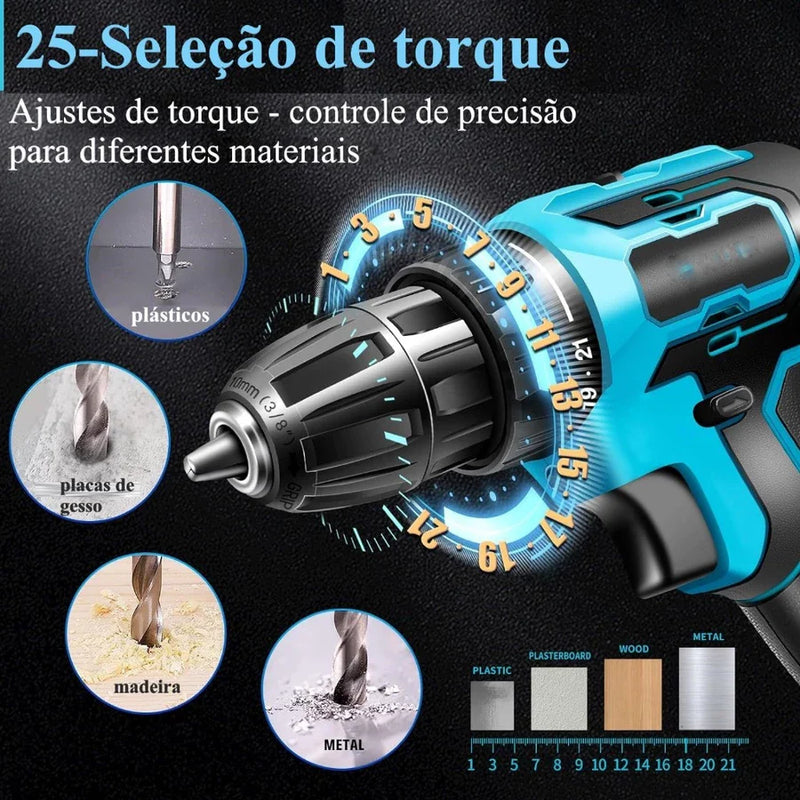 Kit Parafusadeira/Furadeira 28 Pcs + 2 Baterias Portáteis + Maleta De Brinde